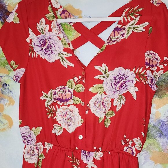 As U Wish Womens Romper Playsuit Red Floral Lined V Neck Elastic - Picture 2 of 5